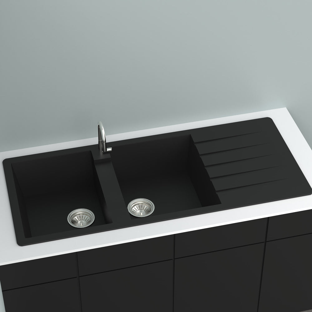 GRANITE Double Bowl Drainer Kitchen Sink D1160-BK - Bathroom Hub