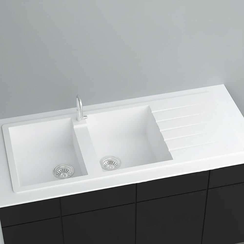GRANITE Double Bowl Drainer Kitchen Sink D1160-WH - Bathroom Hub