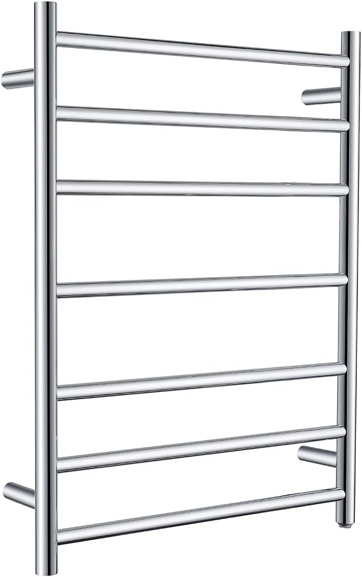 A polished chrome heated towel rail with five horizontal bars, shown against a plain white background.