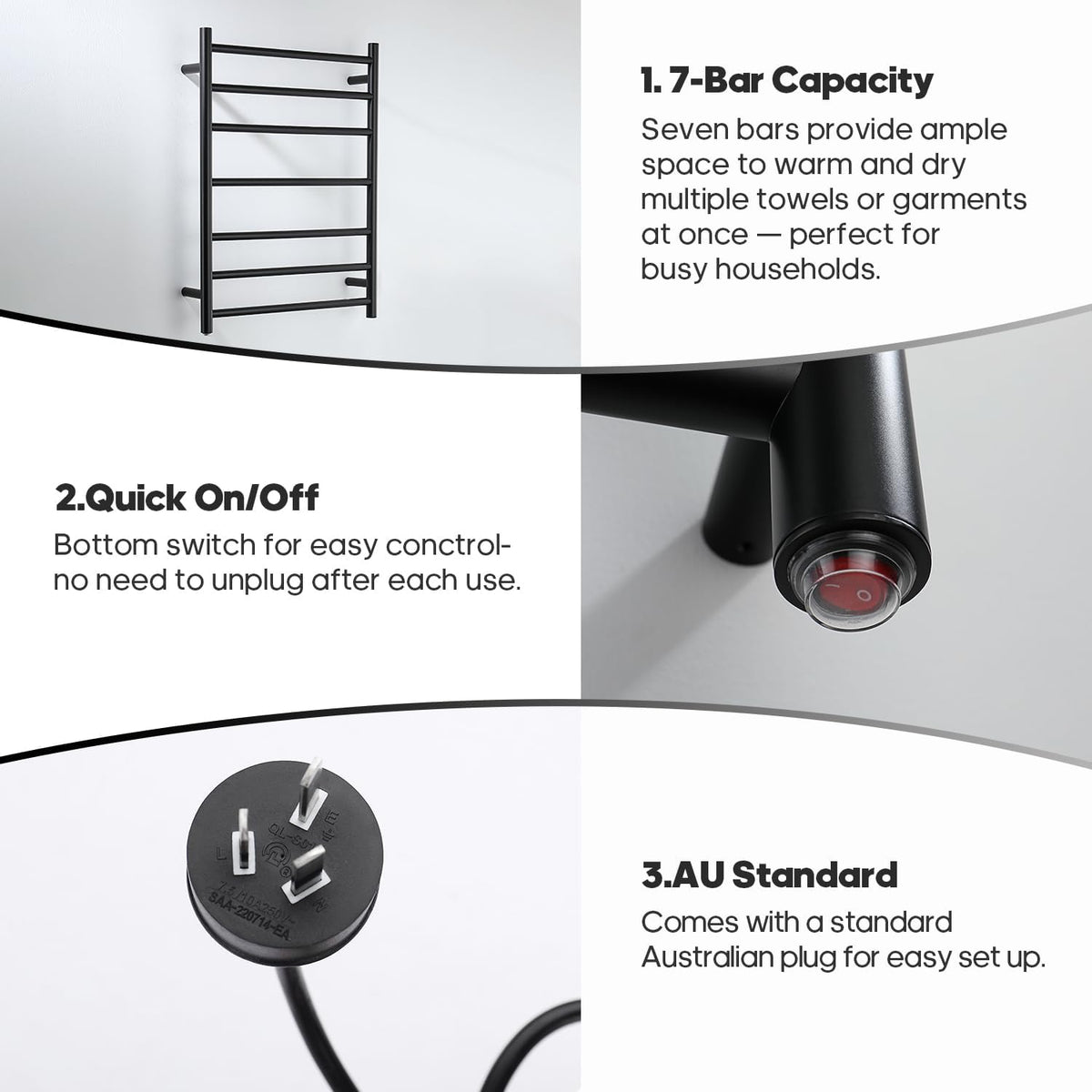 A 4-panel product feature graphic for a black towel rail and faucet set. The top-left panel shows the black towel rail with text describing 7-bar capacity.