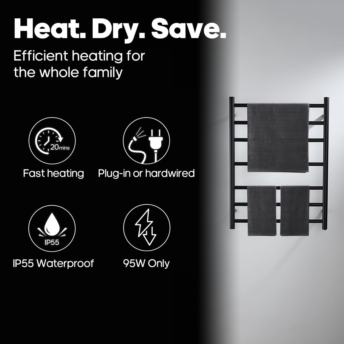 Decaura 7-Bar Heated Towel Rail MB Black towel rack with two dark towels shown on a split black-and-white promotional graphic with text reading 'Heat. Dry.