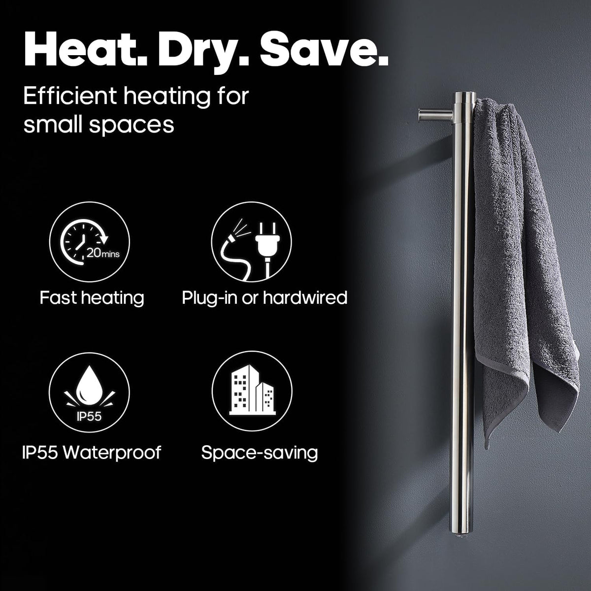 Decaura 900mm Vertical Heated SingleTowel Rail - Space-Saving Towel Warmer with Dual Hooks, IP55, Plug-in or Hardwired- bathroomhubonline