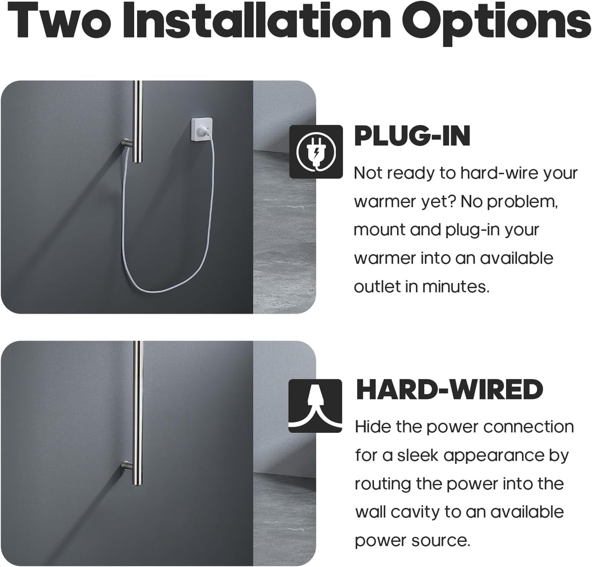Decaura 900mm Vertical Heated SingleTowel Rail - Space-Saving Towel Warmer with Dual Hooks, IP55, Plug-in or Hardwired- bathroomhubonline