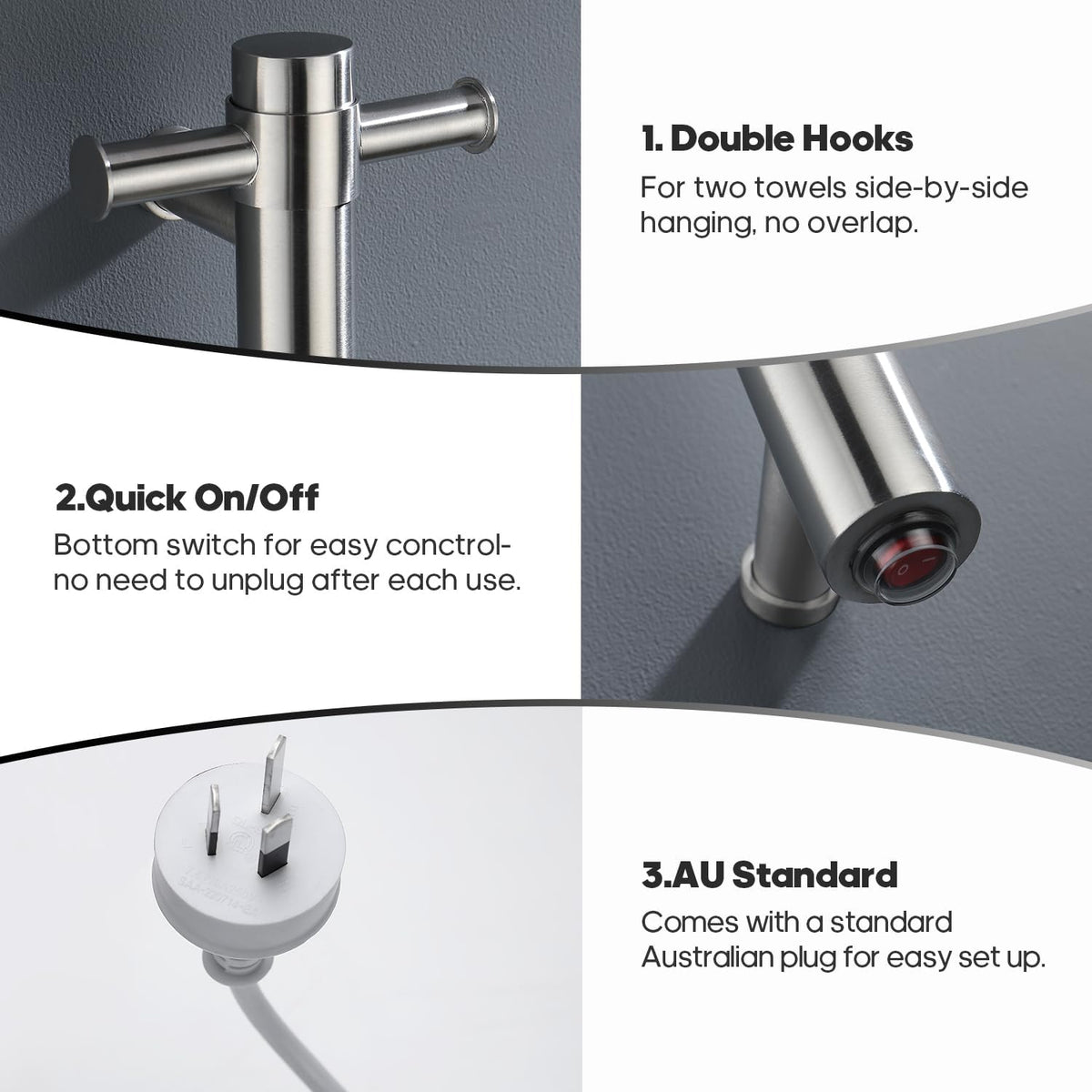 Decaura 900mm Vertical Heated SingleTowel Rail - Space-Saving Towel Warmer with Dual Hooks, IP55, Plug-in or Hardwired- bathroomhubonline