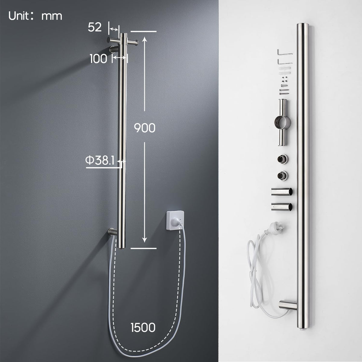 Decaura 900mm Vertical Heated SingleTowel Rail - Space-Saving Towel Warmer with Dual Hooks, IP55, Plug-in or Hardwired- bathroomhubonline