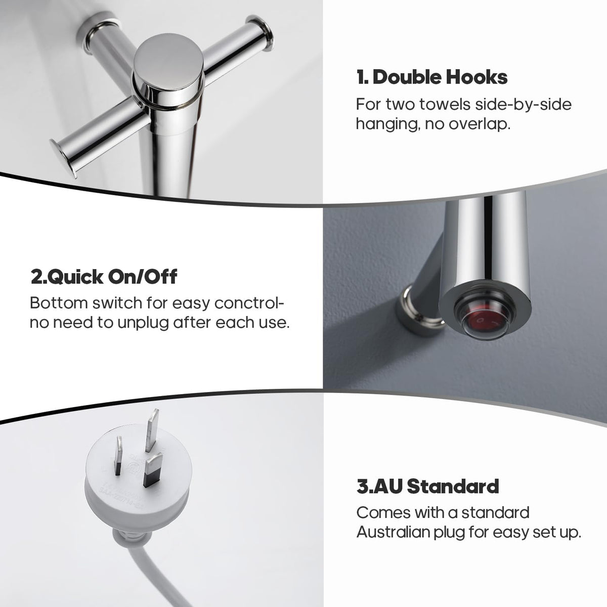 Decaura 900mm Vertical Heated Single Towel Rail - Space-Saving Towel Warmer with Dual Hooks, IP55, Plug-in or Hardwired-bathroom-hub-online
