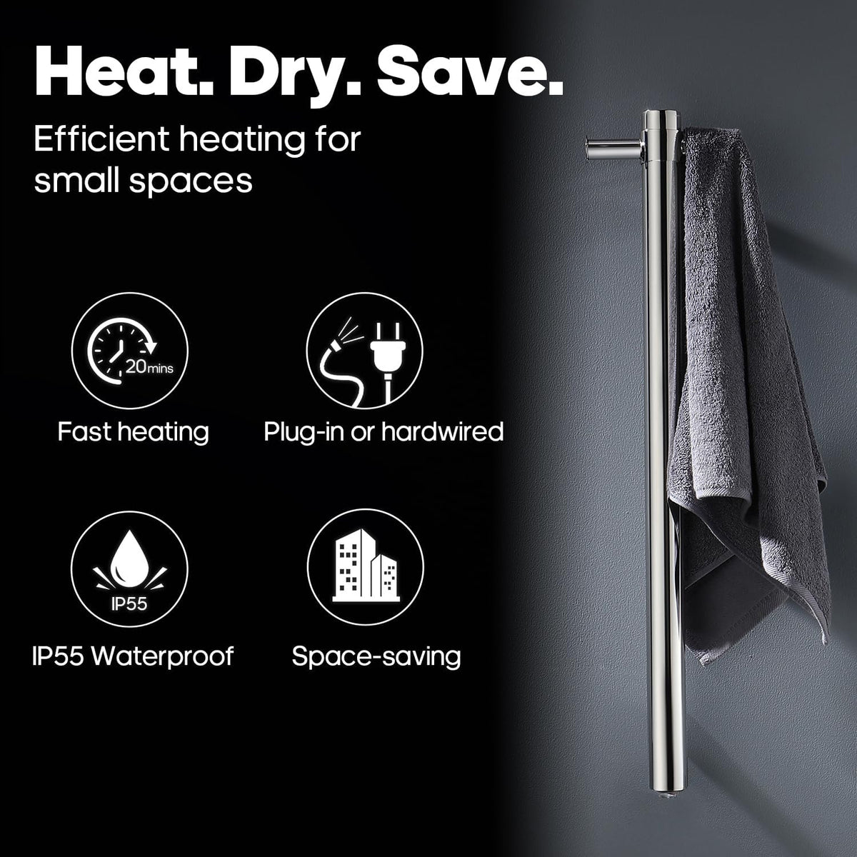 Decaura 900mm Vertical Heated Single Towel Rail - Space-Saving Towel Warmer with Dual Hooks, IP55, Plug-in or Hardwired-bathroom-hub-online