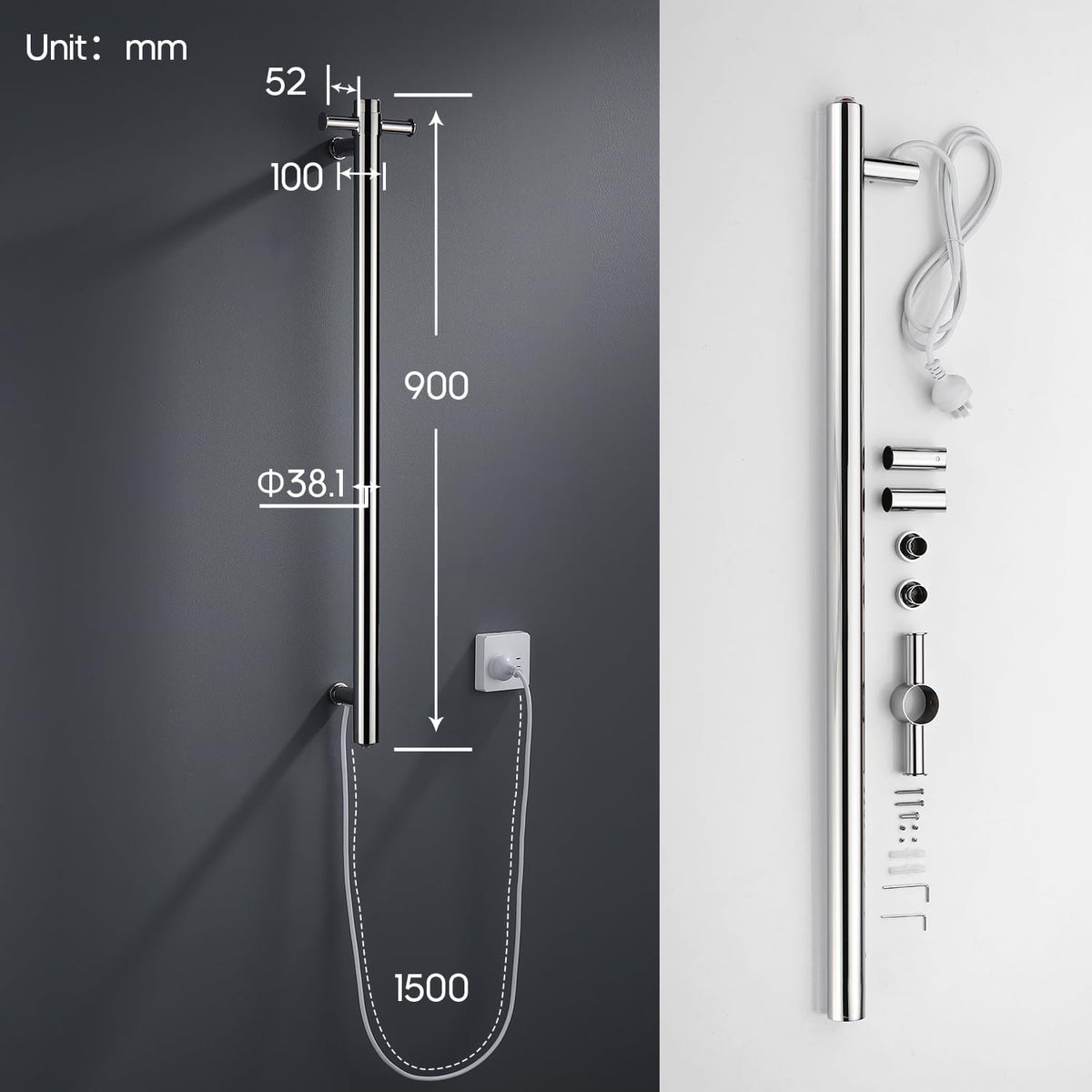 Decaura 900mm Vertical Heated Single Towel Rail - Space-Saving Towel Warmer with Dual Hooks, IP55, Plug-in or Hardwired-bathroom-hub-online