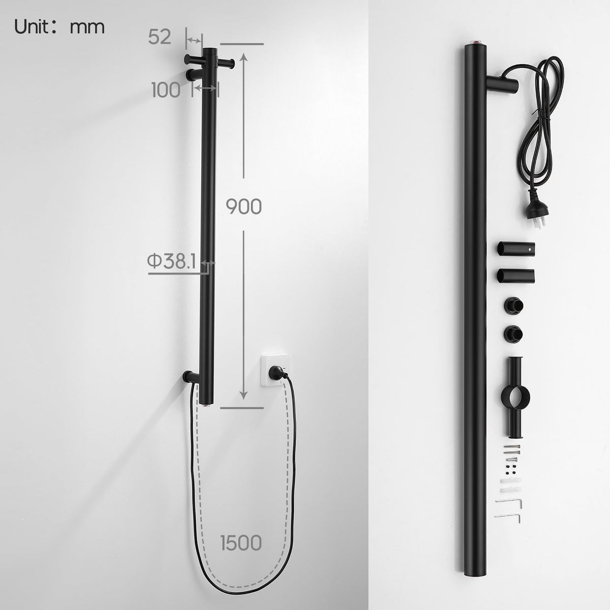 Decaura 900mm Vertical Heated Single Towel Rail - Space-Saving Towel Warmer with Dual Hooks, IP55, Plug-in or Hardwired -bathroomhub-online