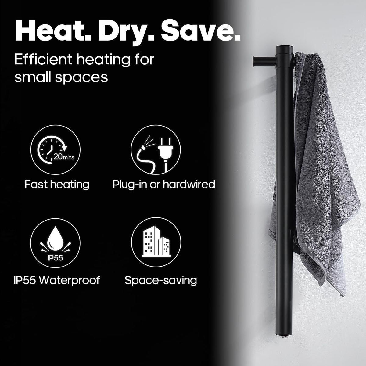 Decaura 900mm Vertical Heated Single Towel Rail - Space-Saving Towel Warmer with Dual Hooks, IP55, Plug-in or Hardwired -bathroomhub-online