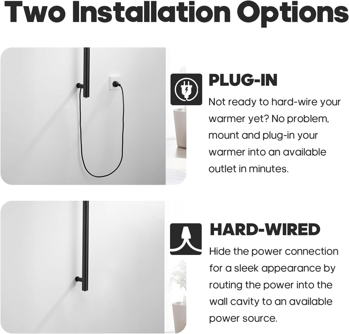 Decaura 900mm Vertical Heated Single Towel Rail - Space-Saving Towel Warmer with Dual Hooks, IP55, Plug-in or Hardwired -bathroomhub-online