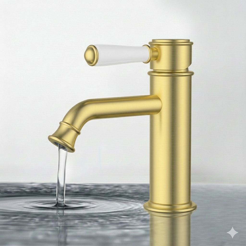 Clasico Basin Mixer Ceramic Handle Brushed Gold HYB868-203A-BG - Bathroom Hub