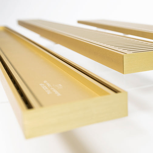 Aluminium Slimline Tile Insert Shower Drain Matt Gold 300-3000x100x21mm - Bathroom Hub
