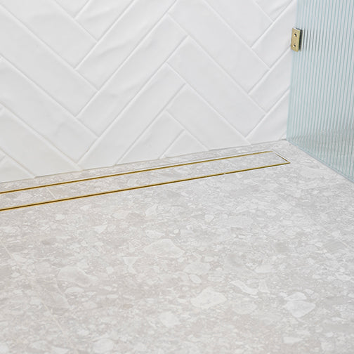 Aluminium Slimline Tile Insert Shower Drain Matt Gold 300-3000x100x21mm - Bathroom Hub