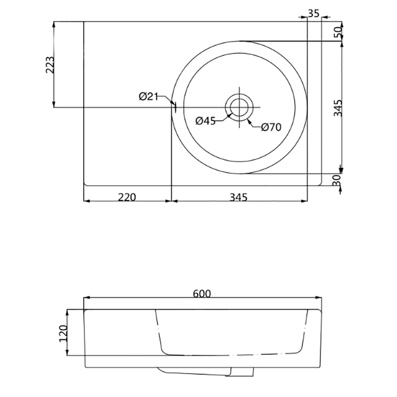 IKON ART 600 Square Bowl SHELF BASIN R/H 600 x 425 x 168mm