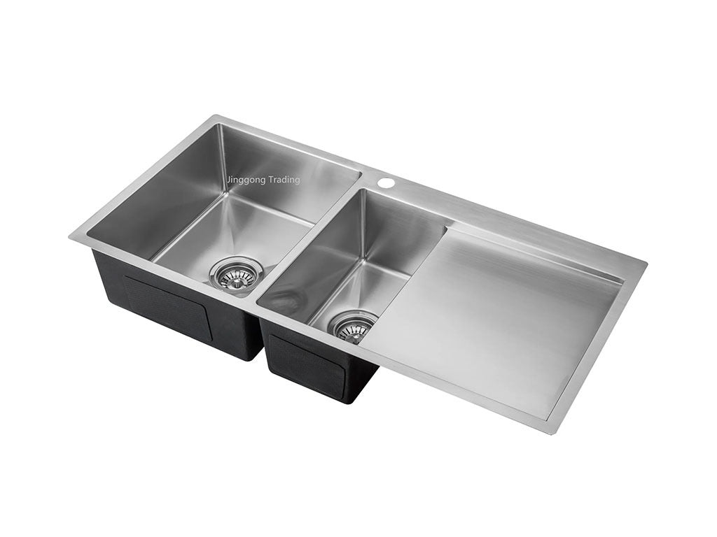 Handmade Stainless Steel Kitchen Sink Double Bowls with Drainer (100cm x 49cm) - HMDBD10049TH - Bathroom Hub