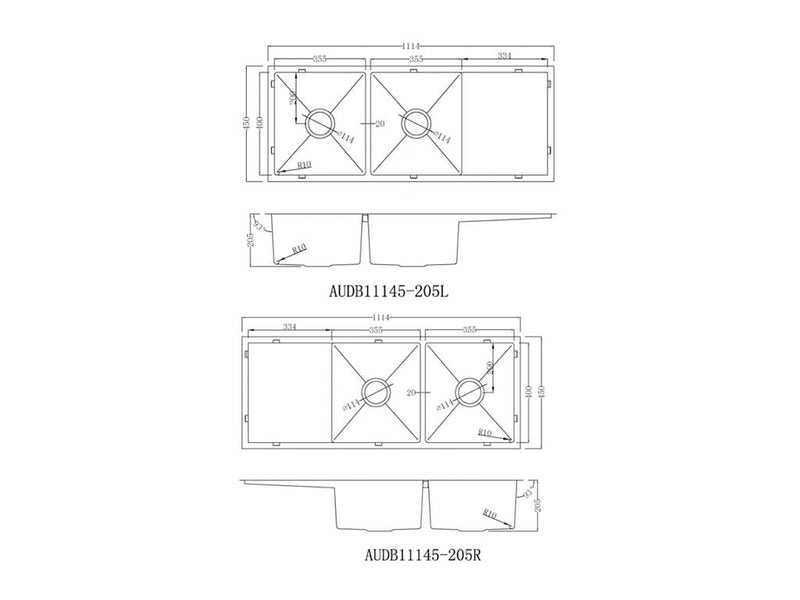 Handmade Stainless Steel Kitchen Sink Double Bowls with Drainer (111cm x 45cm) - HMDBD11145R