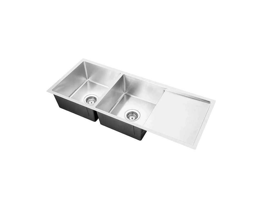 Handmade Stainless Steel Kitchen Sink Double Bowls with Drainer (111cm x 45cm) - HMDBD11145R - Bathroom Hub
