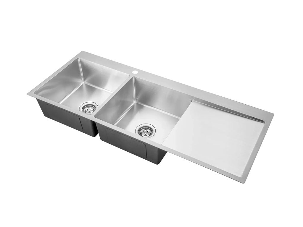 Handmade Stainless Steel Kitchen Sink Double Bowls and Drainers (118cm x 50cm) - HMDBD11850THR - Bathroom Hub