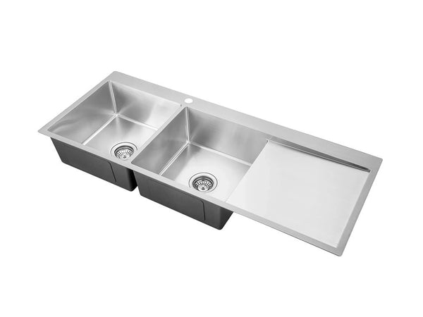 Handmade Stainless Steel Kitchen Sink Double Bowls and Drainers (118cm x 50cm) - HMDBD11850THR