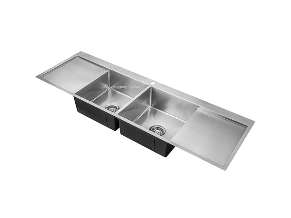 Handmade Stainless Steel Kitchen Sink Double Bowls and Drainers (155cm x 50cm) - HMDBDD15550TH
