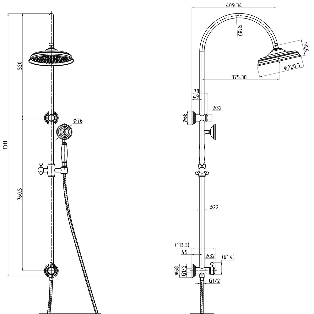 Clasico Vintage Combination Shower Set in Brushed Gold - HPA868-201BG