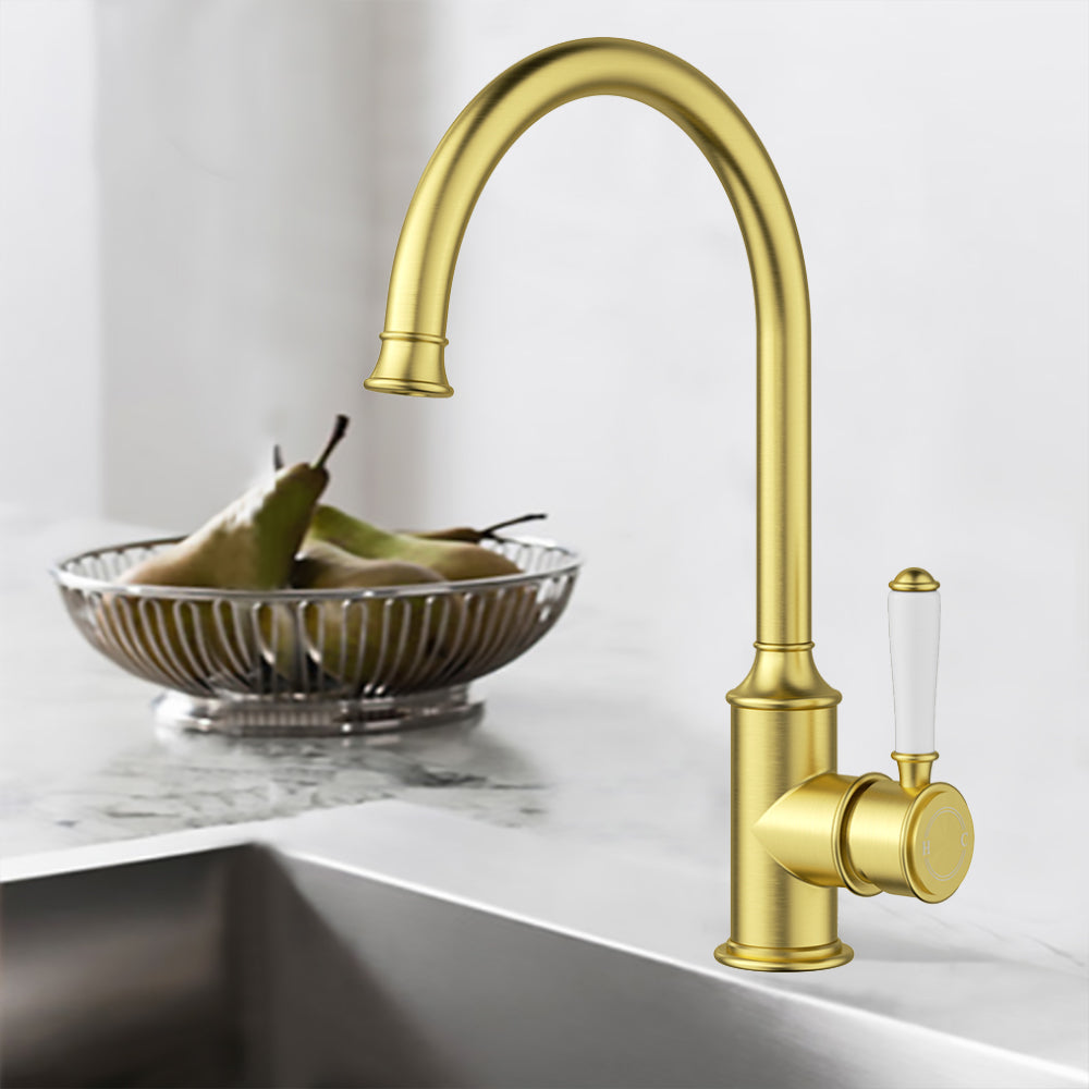 Clasico Vintage Gooseneck Sink Mixer Ceramic handler in Brushed Gold - HYB868-101A-BG