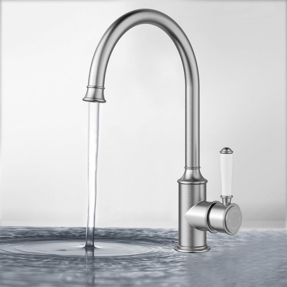 Clasico Vintage Gooseneck Sink Mixer Ceramic handler in Brushed Nickel - HYB868-101A-BN