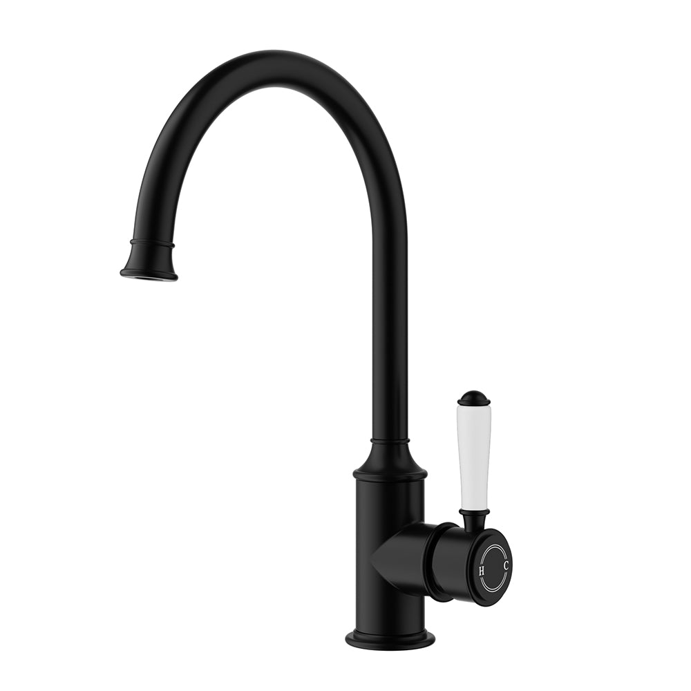 Clasico Vintage Gooseneck Sink Mixer Ceramic handler in Matt Black - HYB868-101A-MB - Bathroom Hub