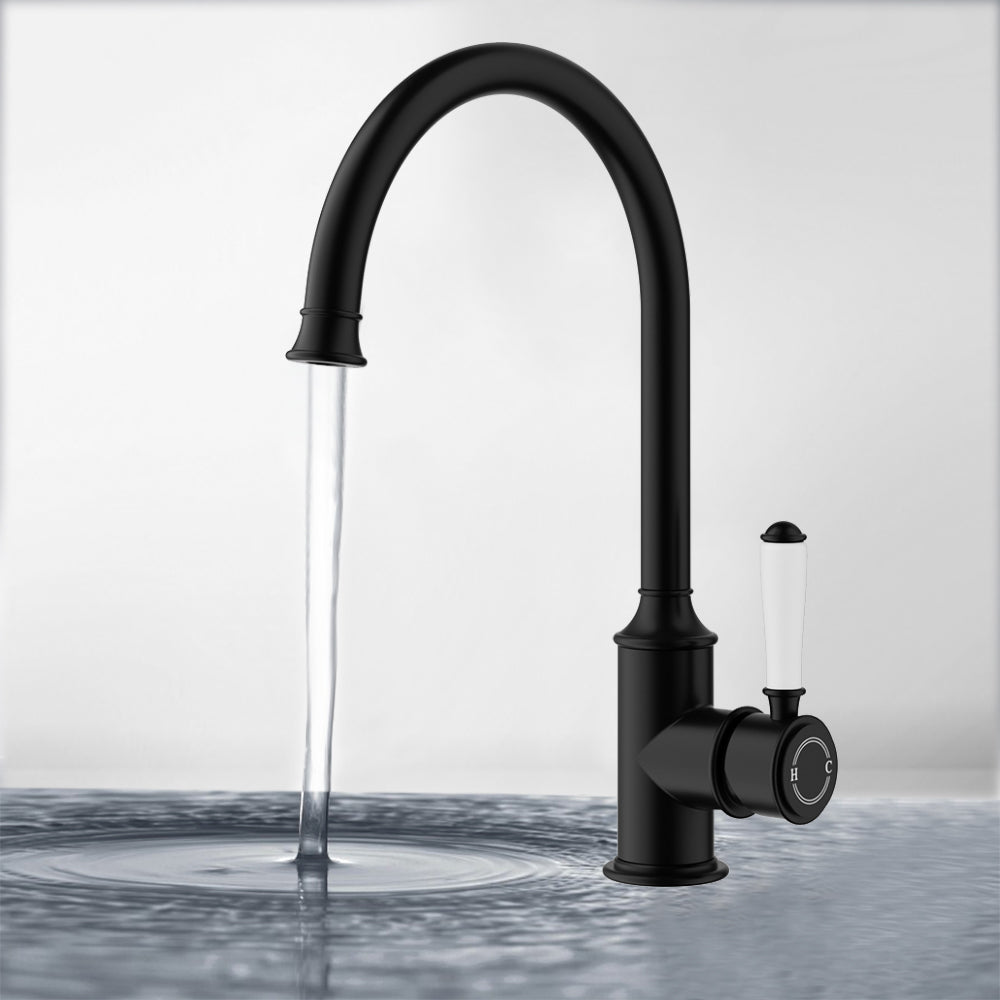 Clasico Vintage Gooseneck Sink Mixer Ceramic handler in Matt Black - HYB868-101A-MB - Bathroom Hub