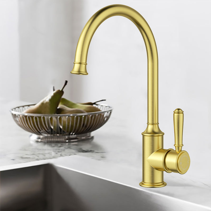 Clasico Vintage Gooseneck Sink Mixer in Brushed Gold [HYB868-101BG]