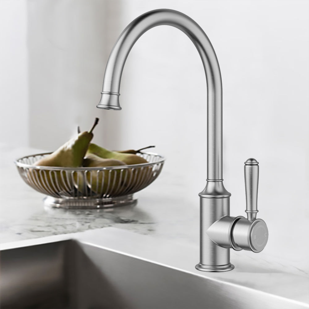 Clasico Vintage Gooseneck Sink Mixer Brushed Nickel - HYB868-101BN - Bathroom Hub
