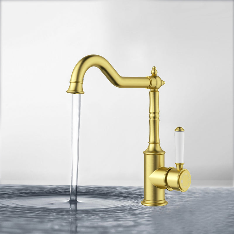 Clasico Vintage Sink Mixer Ceramic handle  in Brushed Gold [HYB868-102A-BG]