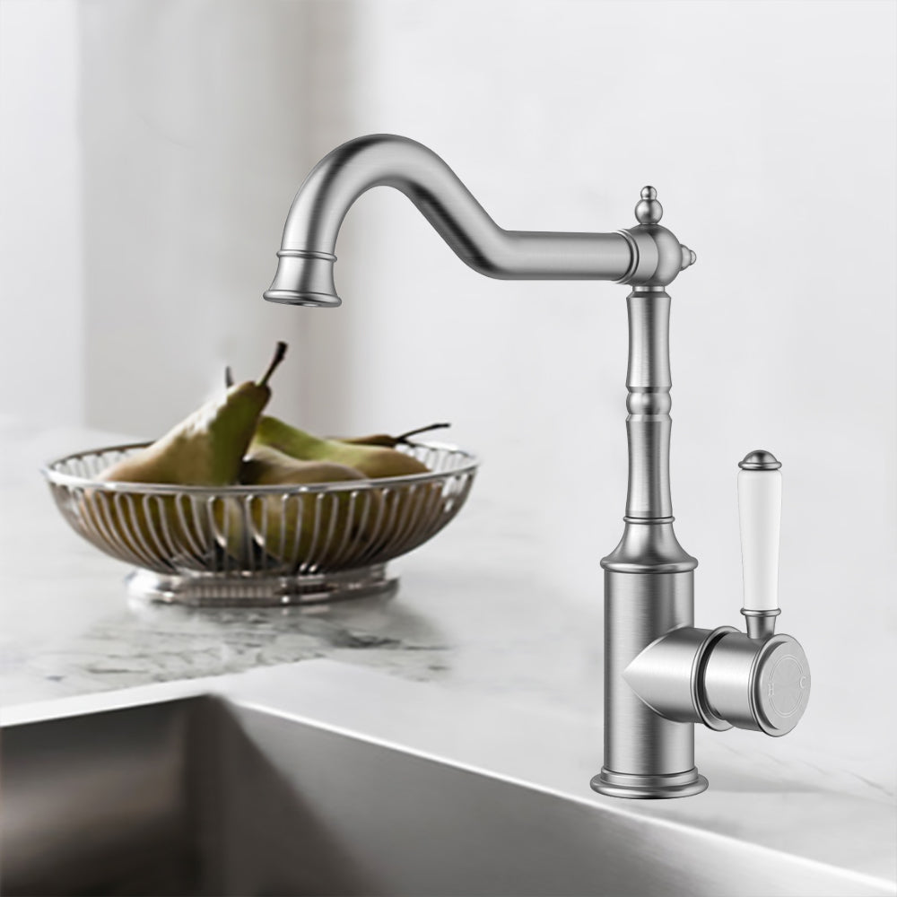 Clasico Vintage Hook Spout Sink Mixer Ceramic handle  in Brushed Nickel - HYB868-102A-BN - Bathroom Hub