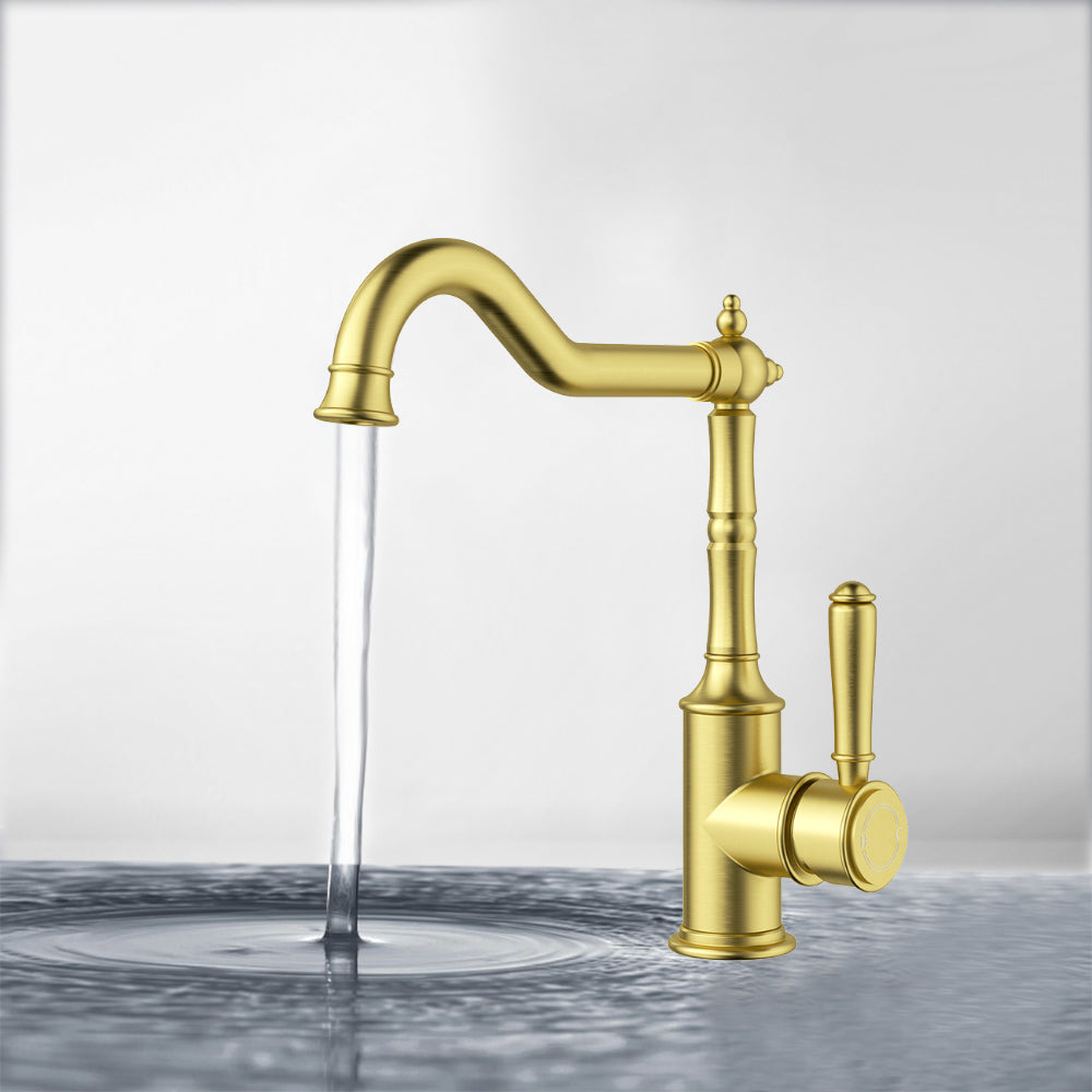 Clasico Vintage Hook Spout Sink Mixer in Brushed Gold - HYB868-102BG - Bathroom Hub