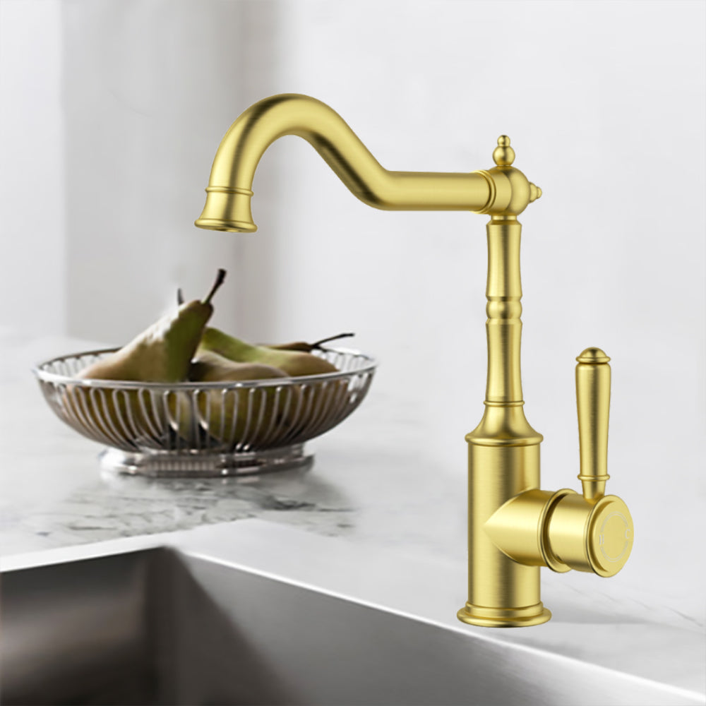 Clasico Vintage Hook Spout Sink Mixer in Brushed Gold - HYB868-102BG - Bathroom Hub