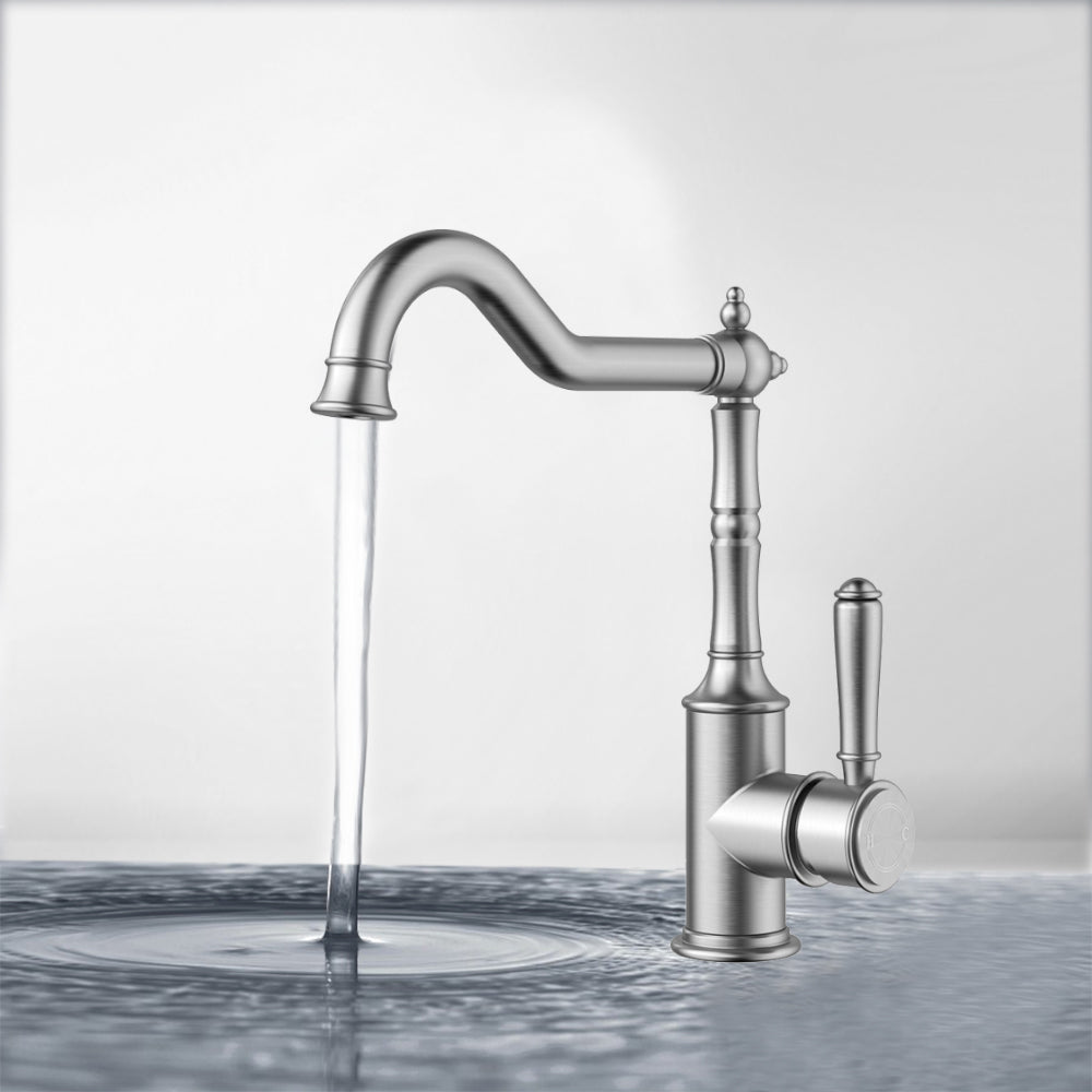 Clasico Vintage Hook Spout Sink Mixer in Brushed Nickel - HYB868-102BN - Bathroom Hub