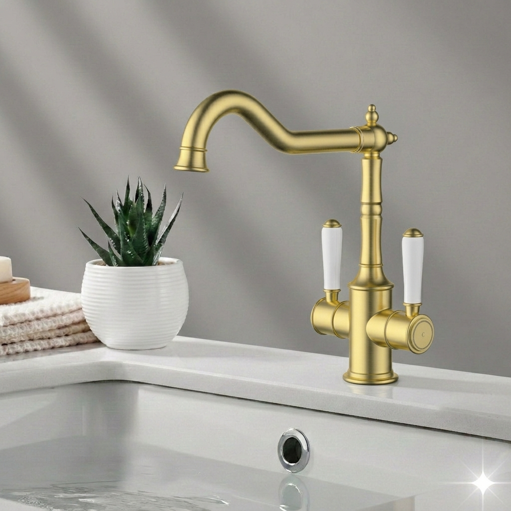 Clasico Twin Handle Gooseneck Sink Mixer Ceramic Handle HYB868-105A-BG - Bathroom Hub