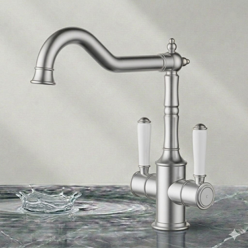 Clasico Twin Handle Gooseneck Sink Mixer Ceramic Handle HYB868-105A-BN - Bathroom Hub