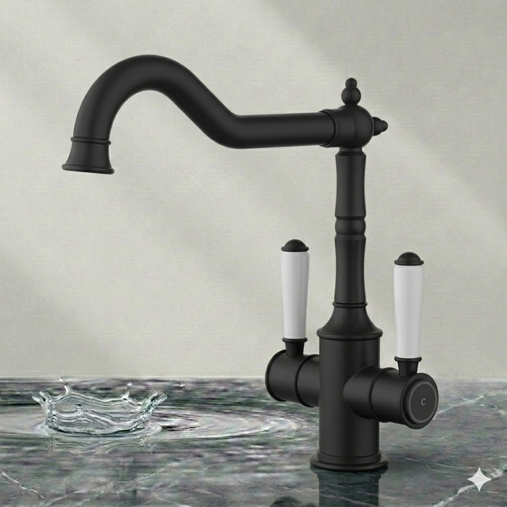 Clasico Twin Handle Gooseneck Sink Mixer Ceramic Handle HYB868-105A-MB - Bathroom Hub