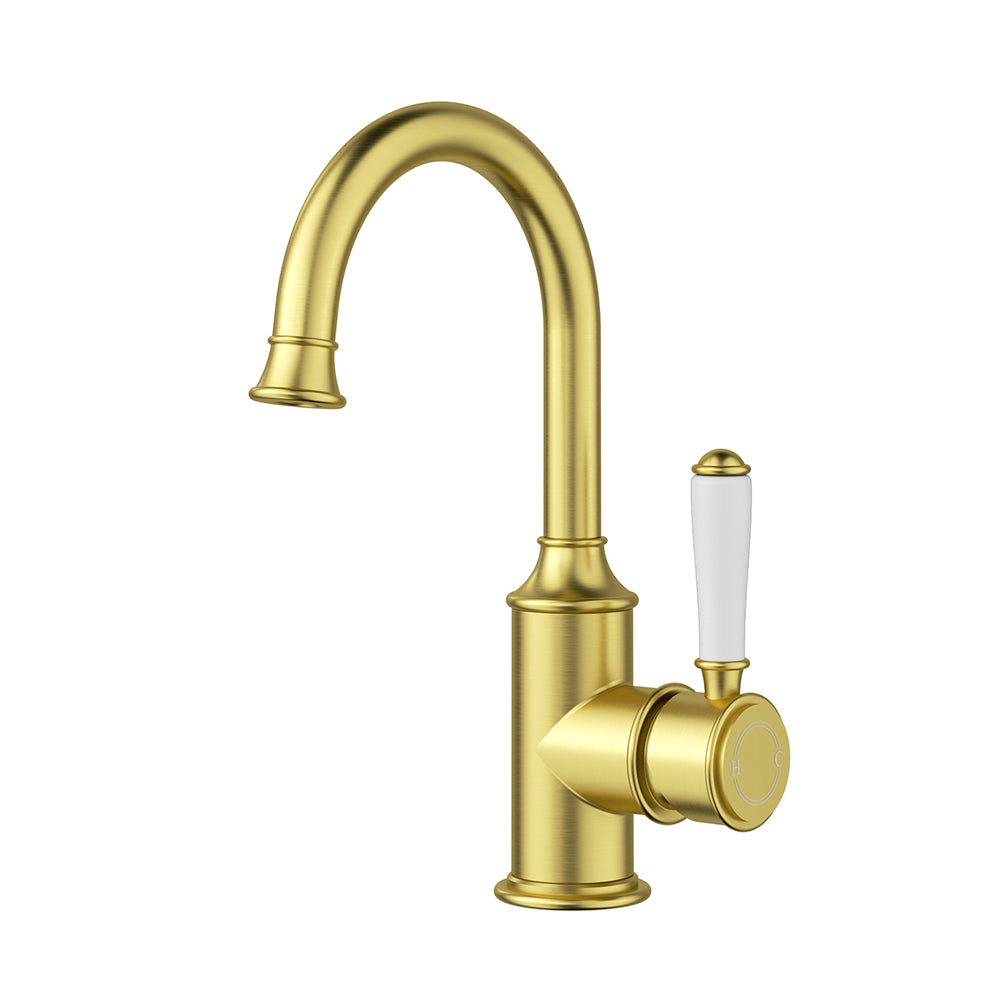 Clasico Gooseneck Basin Mixer Ceramic Handle in Brushed Gold - HYB868-201A-BG