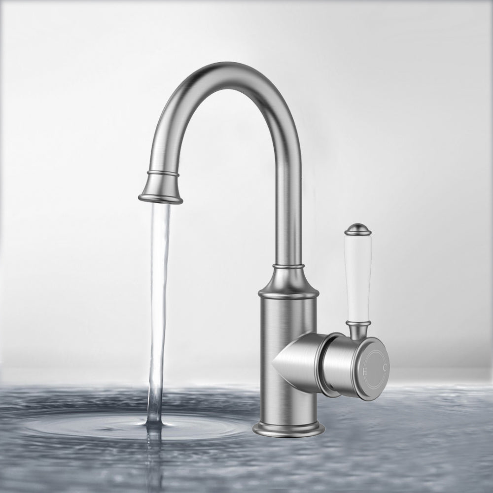 Clasico Gooseneck Basin Mixer Ceramic Handle in Brushed Nickel - HYB868-201A-BN - Bathroom Hub