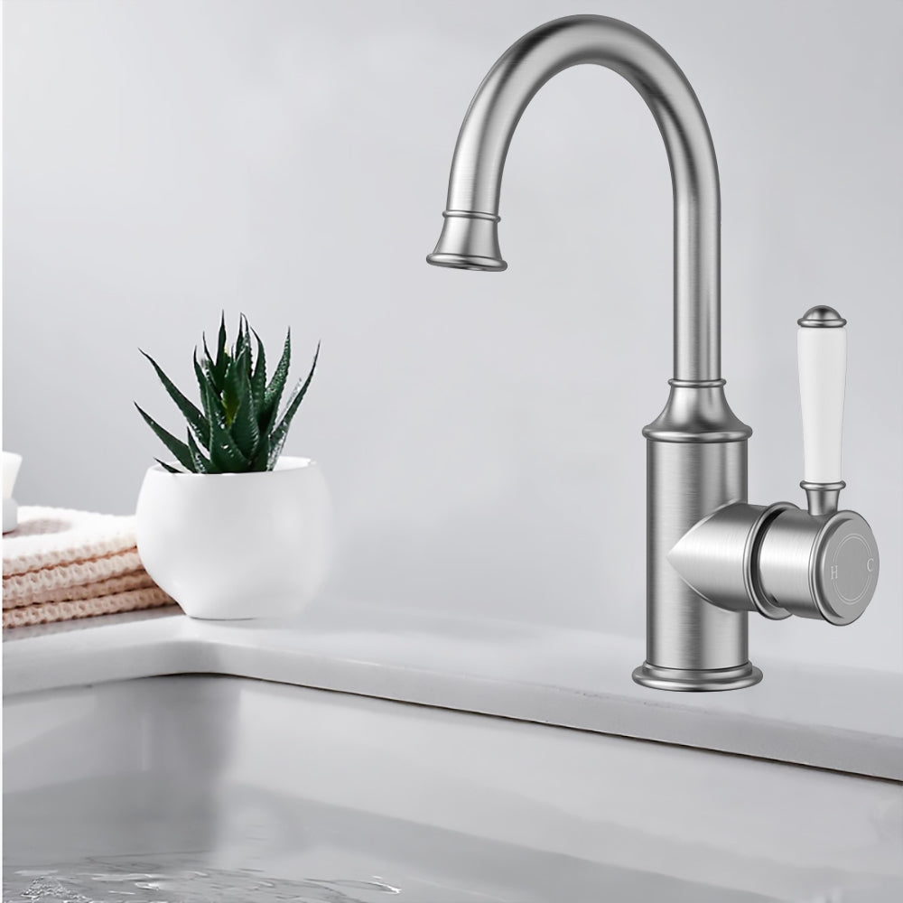 Clasico Gooseneck Basin Mixer Ceramic Handle in Brushed Nickel - HYB868-201A-BN - Bathroom Hub