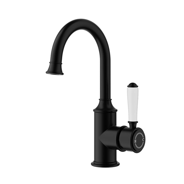 Vintage Gooseneck Basin Mixer Ceramic Handle in Matt Black [HYB868-201A-MB]