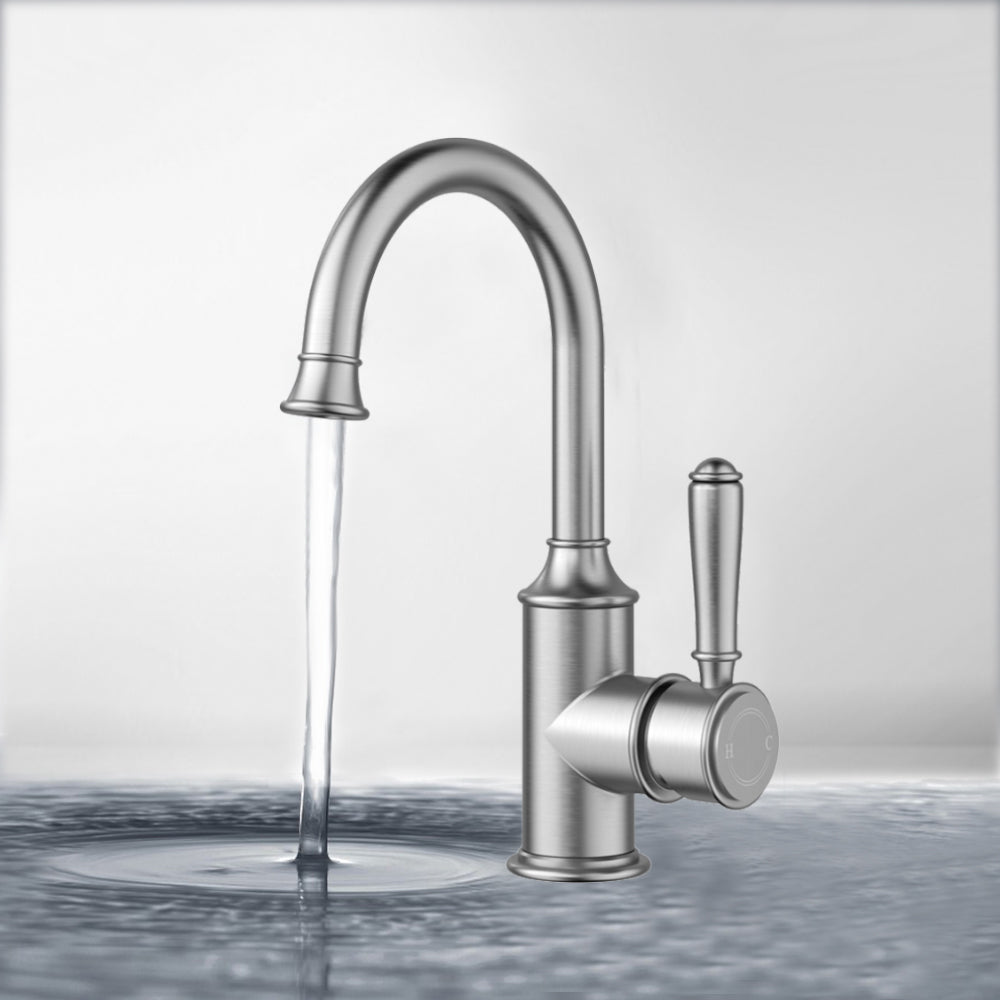 Clasico Gooseneck Basin Mixer in Brushed Nickel - HYB868-201BN