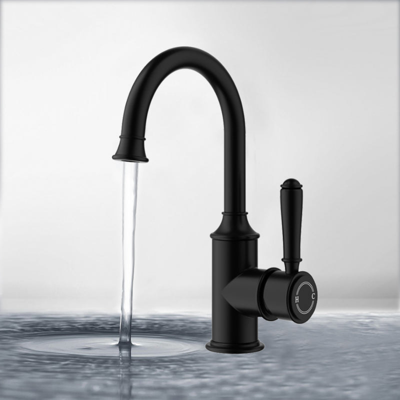 Vintage Gooseneck Basin Mixer in Matt Black [HYB868-201MB]