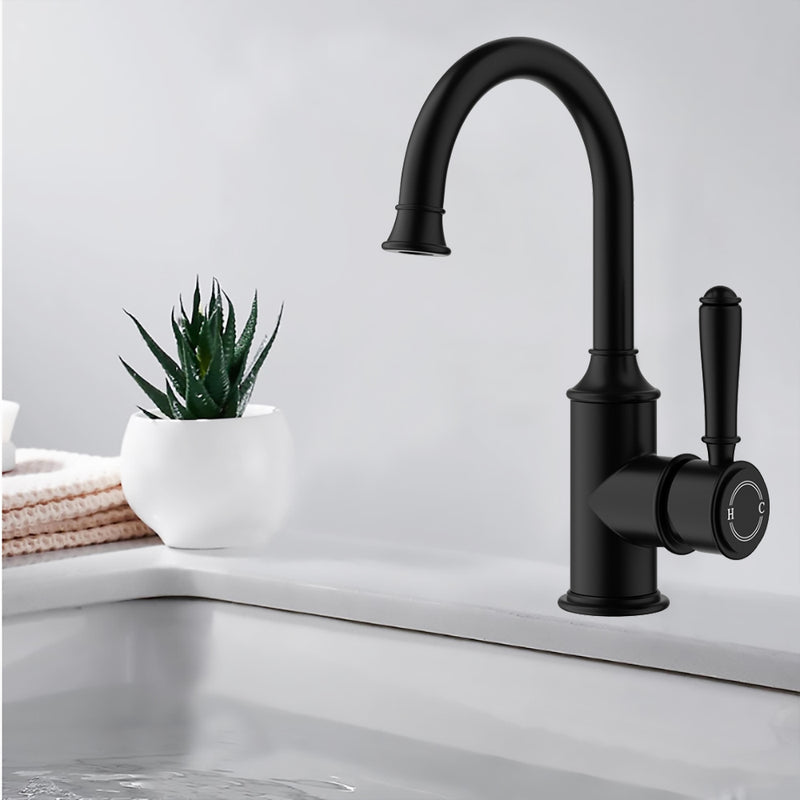 Vintage Gooseneck Basin Mixer in Matt Black [HYB868-201MB]