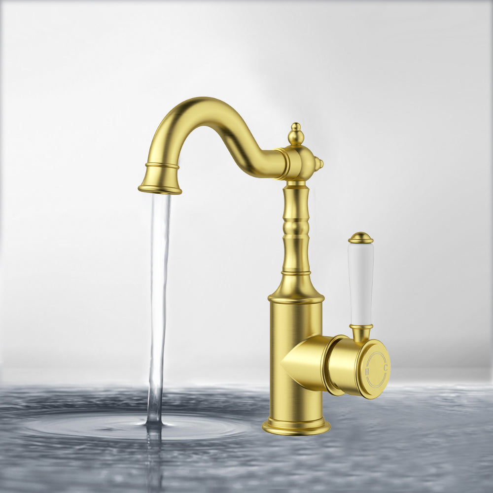 Clasico Basin Mixer with Ceramic White Handle Brushed Gold - HYB868-202A-BG - Bathroom Hub