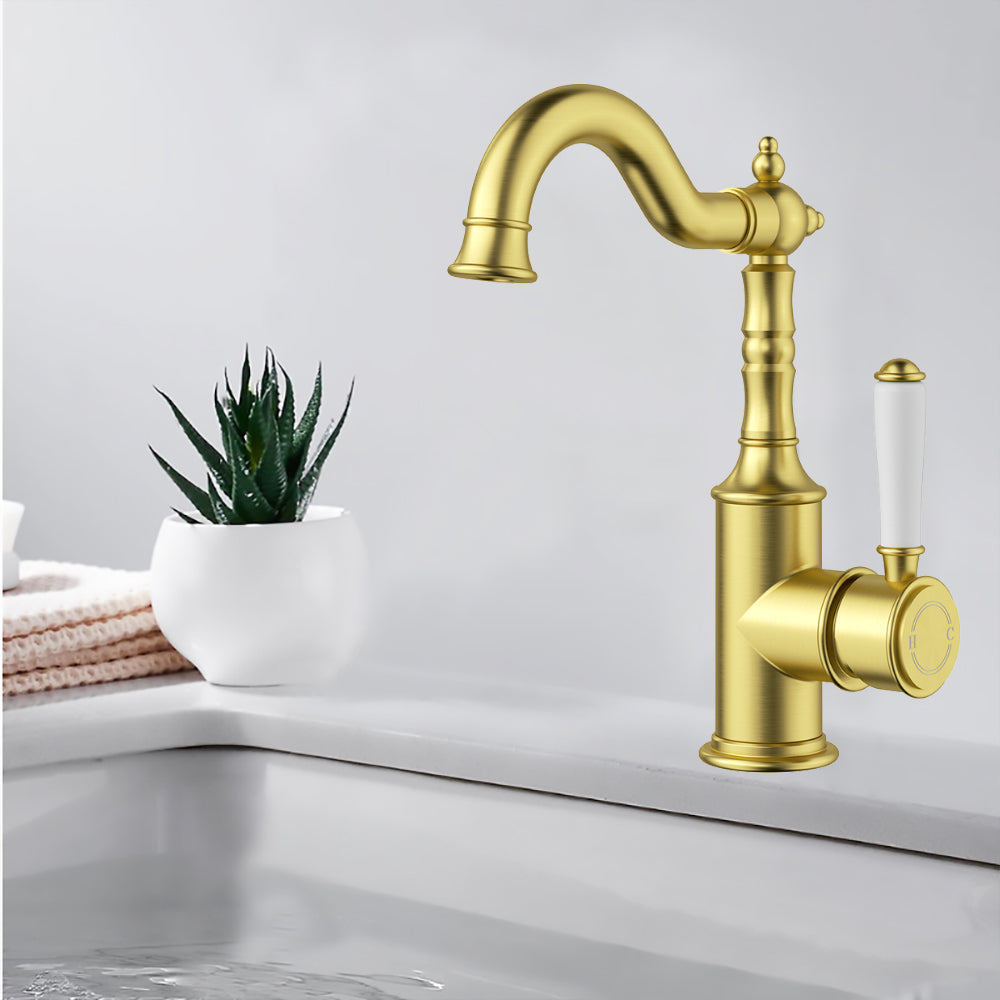 Clasico Basin Mixer with Ceramic White Handle Brushed Gold - HYB868-202A-BG - Bathroom Hub