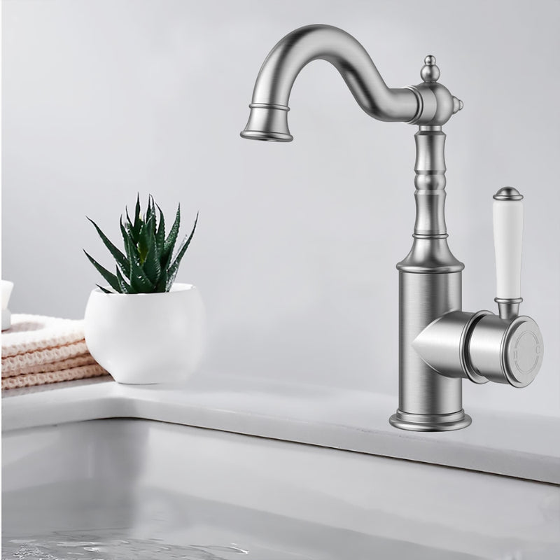 Ikon Clasico Basin Mixer with Ceramic White Handle Brushed Nickel